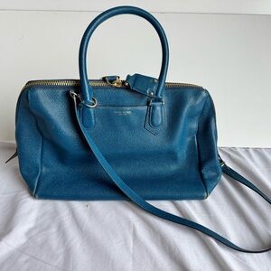 Henri Bendel Blue Pebbled Leather Satchel Handbag Gold Stud 57th West Rivington